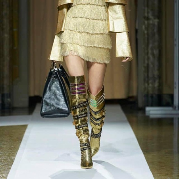 Gold Knee High Leather Boots - Picture 3 of 4